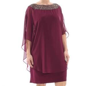 NEW XSCAPE beaded chiffon capelet shift dress - plus in raisin